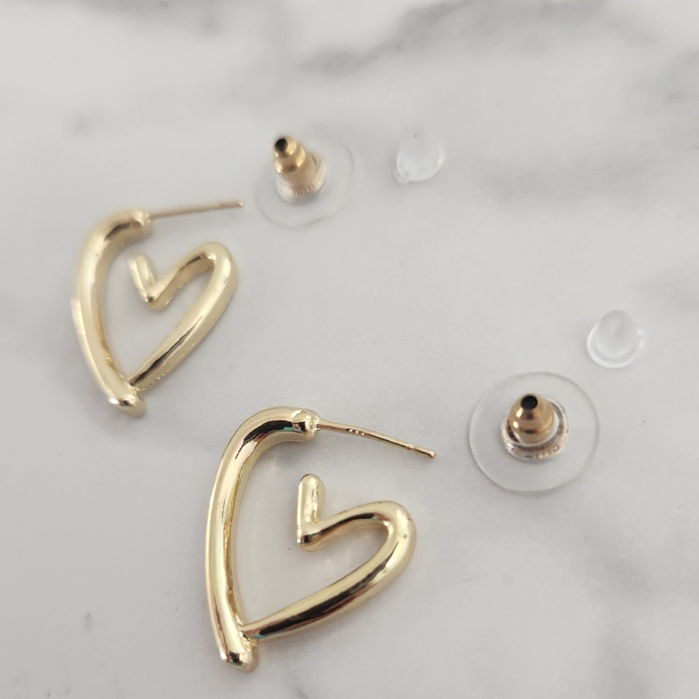 Gold Open Heart Hoop Earrings Modern Abstract Chunky Statement - Picture 5 of 9
